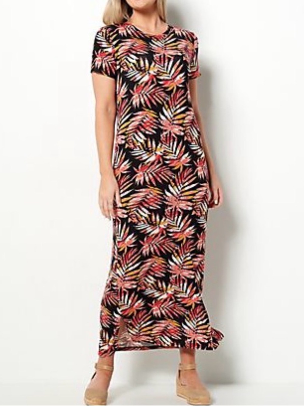AnyBody Black Maxi Dress with Coral and Yellow Tropical Leaf Print